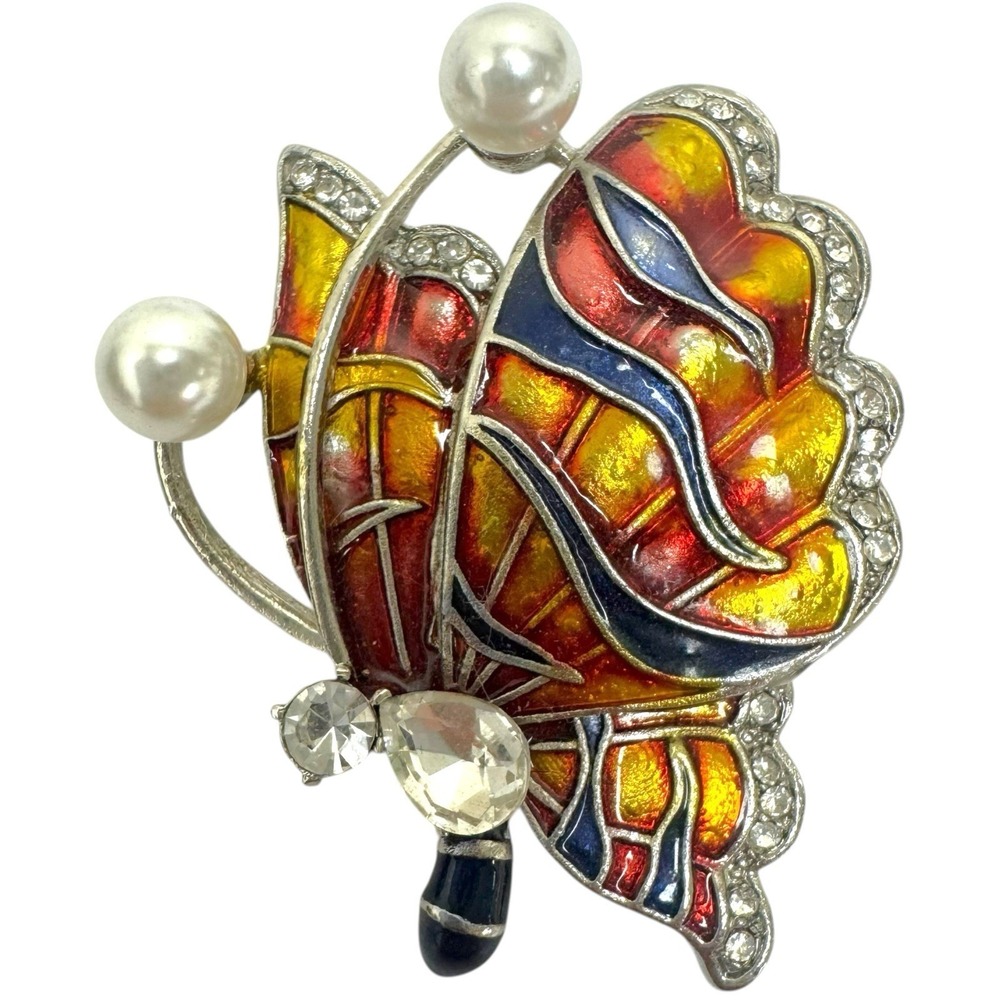 Vintage Butterfly Enamel Brooch Pin Colorful Rhinestones Faux Pearls- Beautiful!